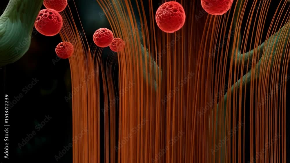 Poster abstract microscopic view of red spherical cell structures with organic green and tan branches and f