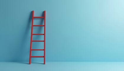 Red ladder against blue background. Symbolizes ambition, reaching goals, challenges, success. Creative design, inspirational concept for business, motivation, progress, achievements. Ascending ladder.