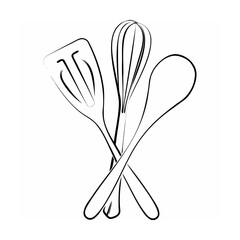 Simple line art illustration of kitchen utensils including spatula whisk and wooden spoon