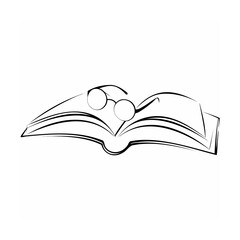 Simple line art illustration of an open book with round glasses on a white background