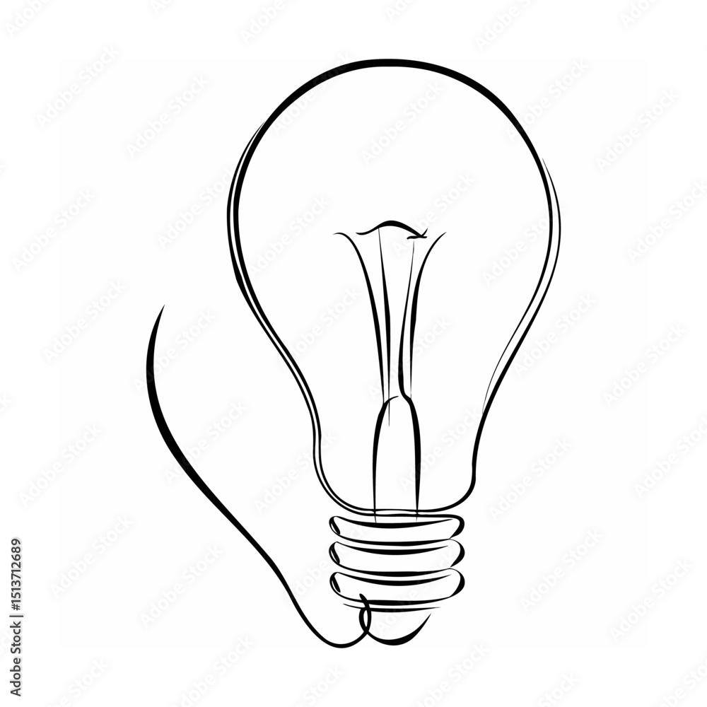 Poster simple line drawing of a light bulb representing idea and innovation on white background
