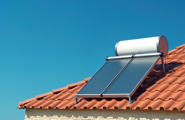 Solar water heater on hotel roof, blue sky backdrop. Using sunlight thermal energy generation, eco-friendly hot water system. Solar panel for renewable power. Sustainable building, green energy,