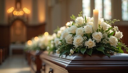 Closeup of a modern coffin in church with fresh flowers, candles. Funeral ceremony, farewell to dead, funeral service. Mourning, grief, memorial, grieving process, farewell to deceased person.
