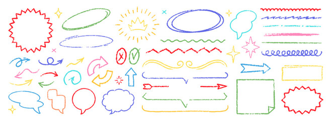 Cute Crayon Pencil Emphasis Squiggles Vector Set. Chalk Scribble Graffiti Arrows Frames Speech Bubbles Underlines. Hand Drawn Brush Texture Star Shapes Highlights. Pencil Childish Charcoal Doodles