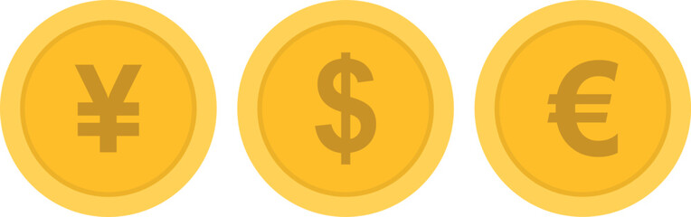 A simple graphic design featuring three gold-colored coins, each displaying a different currency symbol: Yen, Dollar, and Euro.