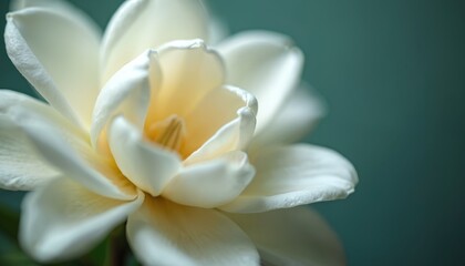 Obraz premium Close-up of white gardenia flower blossom. Lush petals, delicate beauty, fresh bloom, natural floral background. Nature, summer, botanical, spa, wellness, beauty industry.