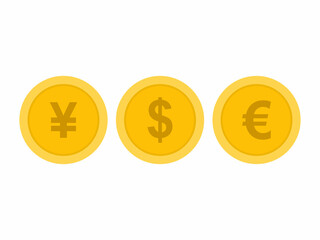 A simple graphic design featuring three gold-colored coins, each displaying a different currency symbol: Yen, Dollar, and Euro.