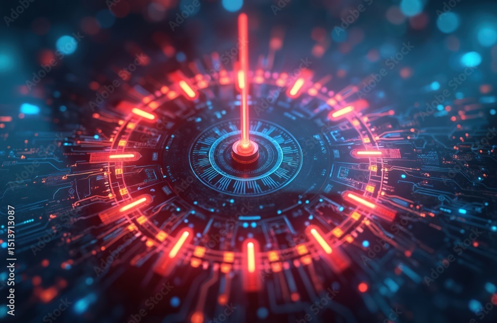 Poster futuristic digital clock hand with clock face. abstract tech background with focus on digital transf