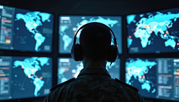 Military officer monitors global operations. High-tech command center with multiple screens displaying world maps. Surveillance, security, defense operations room. Modern digital technology, data