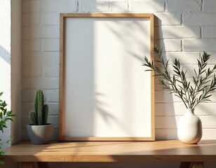 Empty picture frame mockup on wooden table against white brick wall. Olive branches in vase, cactus plant. Home office interior with sunlight, shadow. Elegant workplace concept for print presentation.