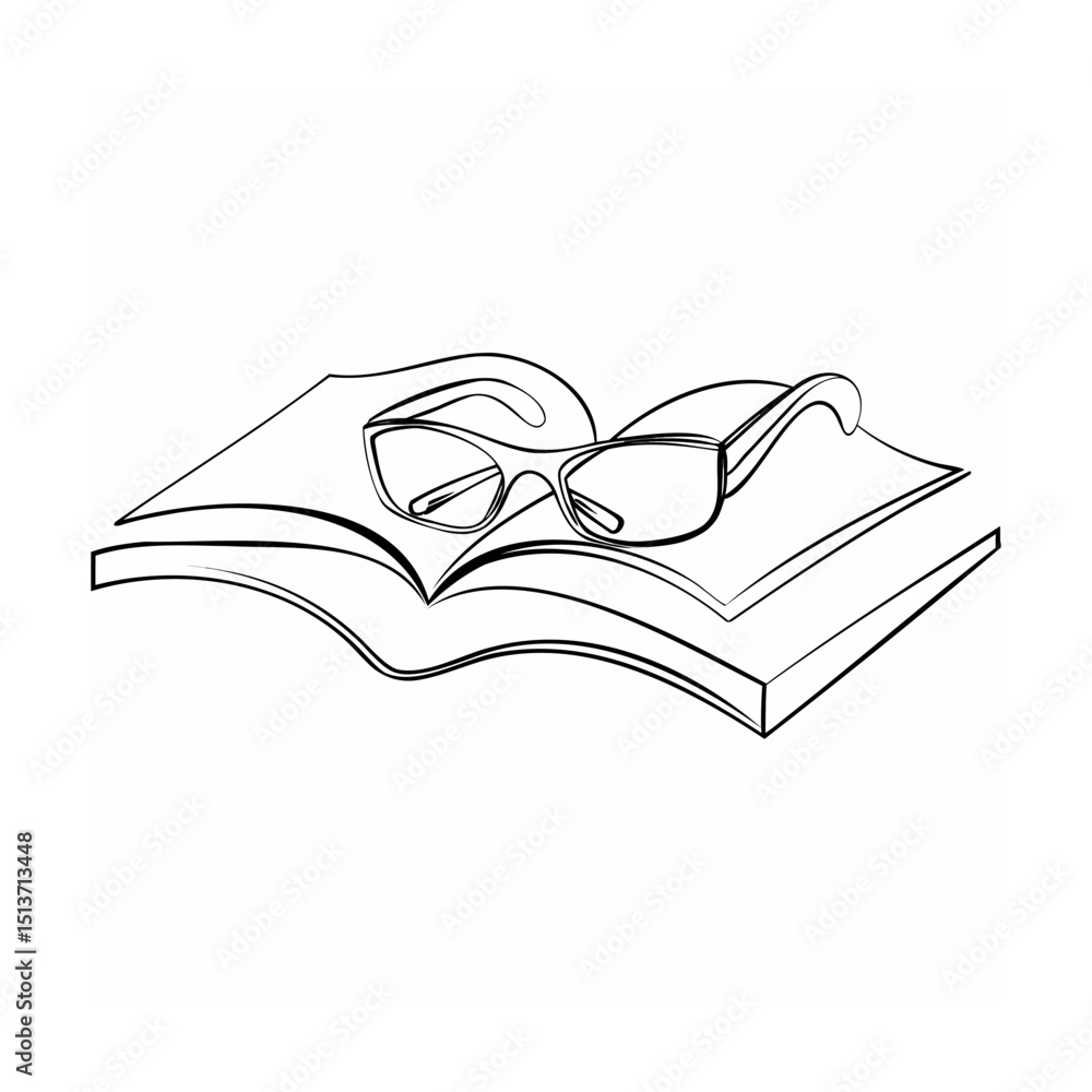 Poster illustration of an open book with eyeglasses in a simple continuous line style