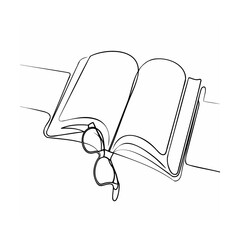 Open book and glasses drawn with a continuous line on a white background