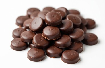 Heap of dark chocolate button candies isolated on white background. Delicious gourmet sweets, food ingredient for dessert, snack. Cocoa treats, tasty confectionery, macro shot.