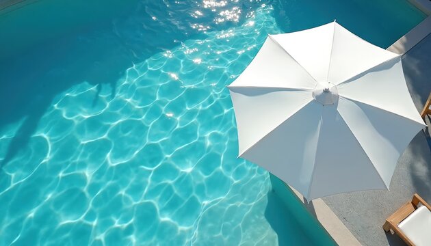Aerial view of blue swimming pool with white parasol. Water reflects sun, creating playful light patterns. Sunny day on resort. Relaxation, vacation mood, sunny weather and tourism.