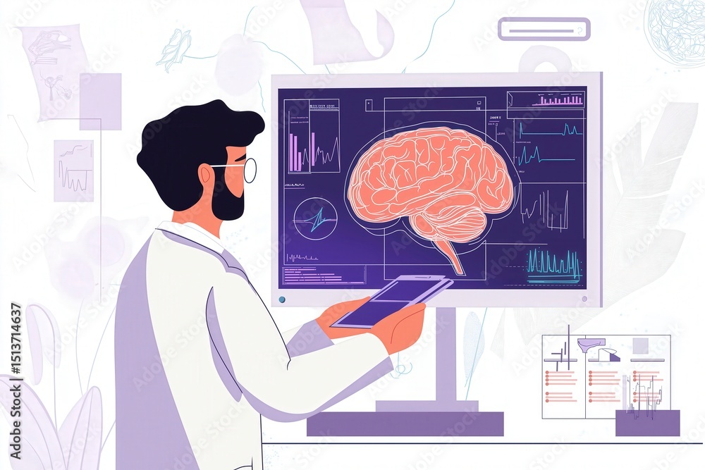 Poster a scientist analyzes brain scans and data on a digital screen in a modern laboratory setting.