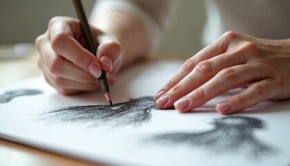 Close-up of hands sketching drawing with pencils on white paper. Artist drawing pencil strokes. Focus on fingers holding pencil creating artwork. Creative process of fine art, illustration on