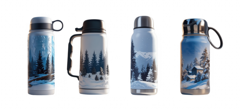 Serene Winter Scene on Water Bottles: Four insulated water bottles, showcasing a winter wonderland design isolated on transparent background, cut out, png