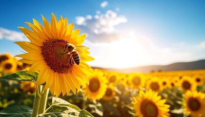 Fototapeta premium Sunflower With Bee Collecting Pollen In A Sunny Field During Summer Season