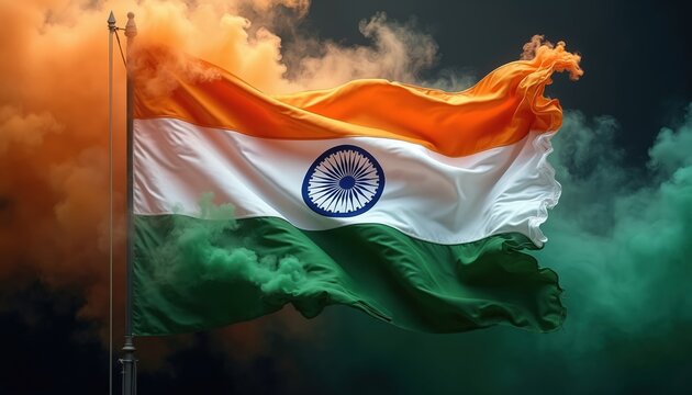 Indian flag with smoke tricolor against cloudy sky. Tricolour represents India national pride, patriotism. Symbol of democracy, freedom. Celebrates Independence Day. Nation banner, poster