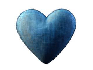 A blue heart made of fabric is on a white background