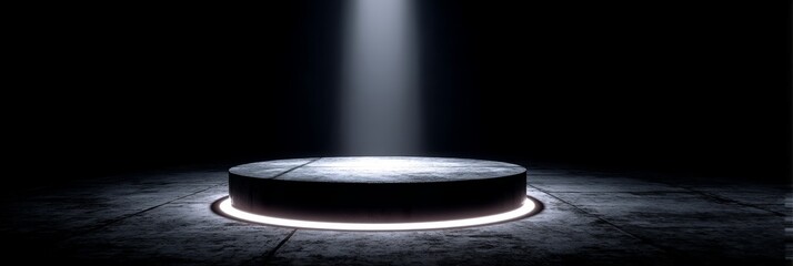 Illuminated Circular Platform in Dark Room - A single spotlight illuminates an empty circular platform in a dark room, symbolizing opportunity, potential, mystery, revelation, and anticipation