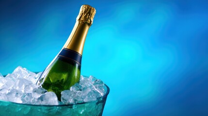 Chilled champagne bottle resting in ice, set against a vibrant blue background, perfect for celebrations