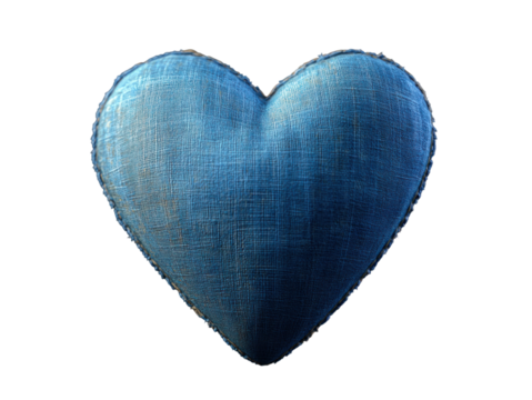 A blue heart made of fabric is on a white background