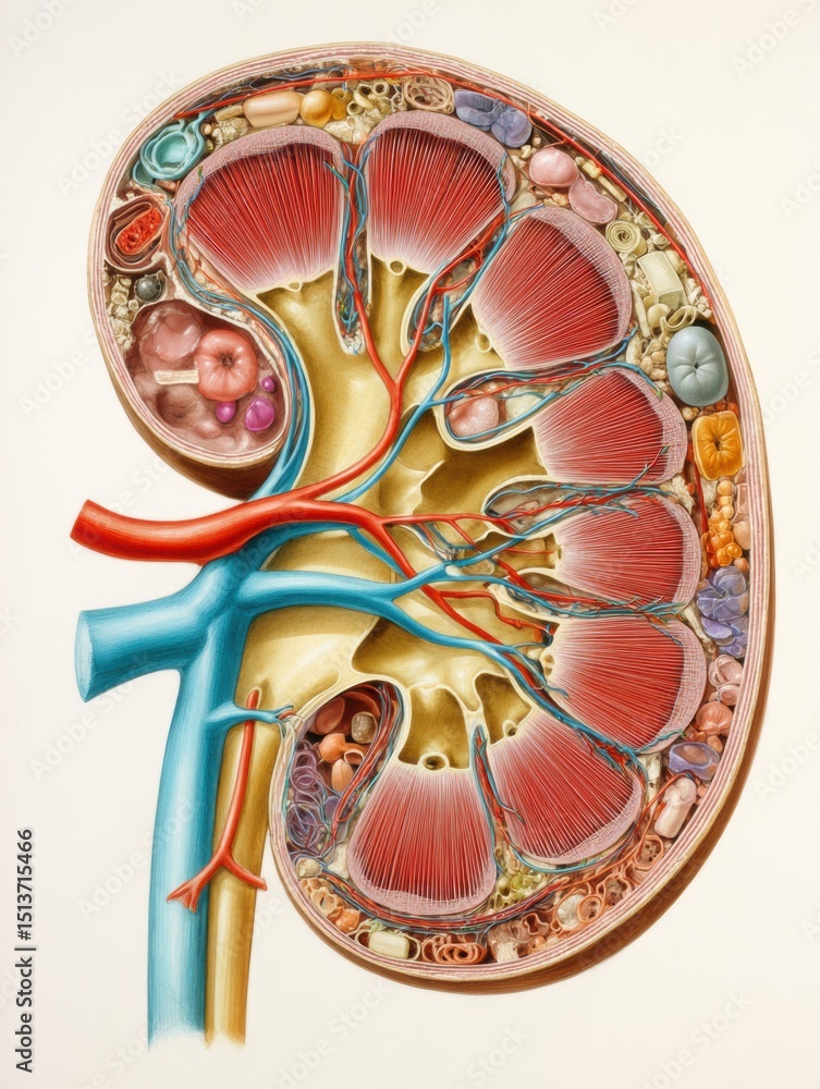 Poster Detailed Cross-Section Diagram of Kidney Anatomy Showcasing Internal Structures and Functions With Labeled Features for Educational Purposes