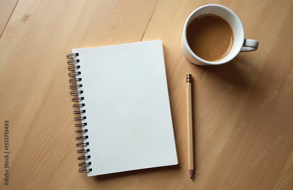 Poster top view of blank white notebook with pencil, coffee mug on wooden table. empty paper notepad ready 