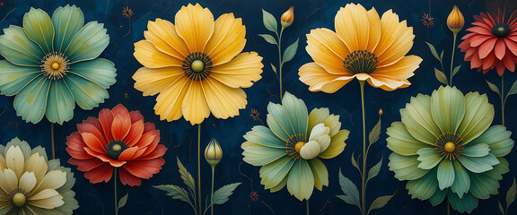 abstract artistic floral shapes in green, red, yellow and golden gradient blending colors in dark purple background seamless pattern style, equal wavy shape,outline lines between and around the shapes