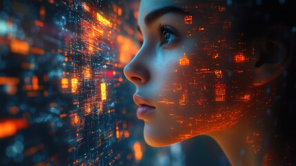 Woman gazing at digital data, futuristic design