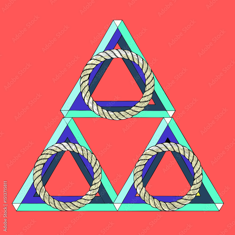 Poster three triangles stacked with rope circles on coral background