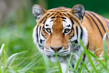 Obraz premium Majestic Bengal Tiger in Grassland - A powerful Bengal tiger, symbolising strength, wildness, beauty, grace, and freedom, gazes intently from the tall grass