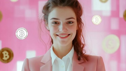 A young entrepreneur woman engages with cryptocurrency on her smartphone while surrounded by digital currency symbols in a modern setting - Powered by Adobe