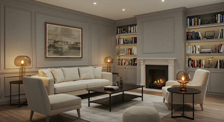 Fototapeta premium Elegant Living Room with Fireplace and Bookshelves