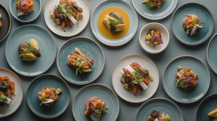 Elegant gourmet dishes arranged on blue plates with herbs and vegetables
