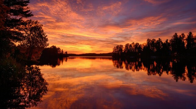 Fiery sunset paints the calm lake and trees with vibrant hues, mirrored perfectly in the still water