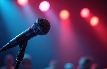 Obraz premium Microphone stage closeup with colorful lights. Mic points towards blurred background. Concert, show, performance, event concept. Audio tech, live music, night club entertainment. Karaoke party,