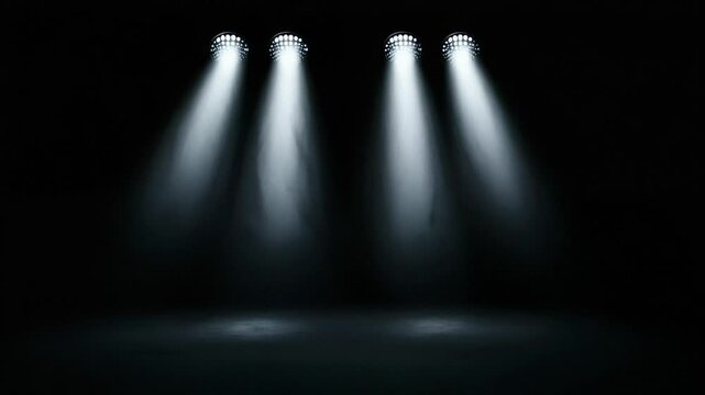 Dramatic stage spotlights illuminating empty dark theater space