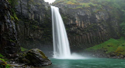 Fototapeta premium Majestic waterfall cascading down rocky cliffs into a pool of turquoise water.