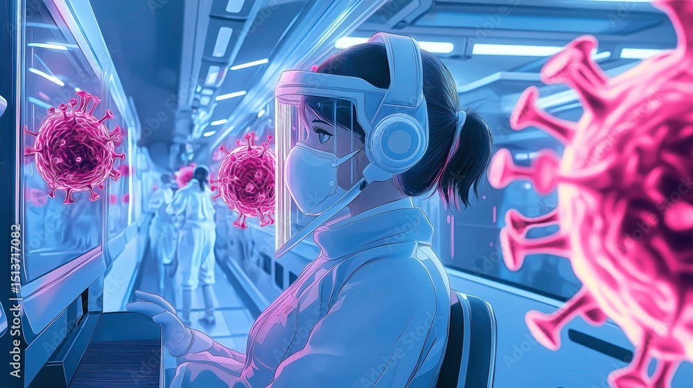 Poster a scientist in protective gear analyzes virus data on a computer in a futuristic laboratory, surroun