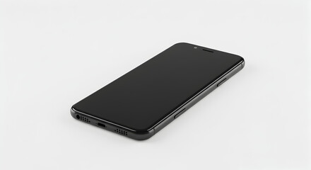 Black smartphone lying flat on a white background.