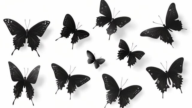 A collection of black butterflies flutters and rests against white background, showcasing their intricate wing patterns