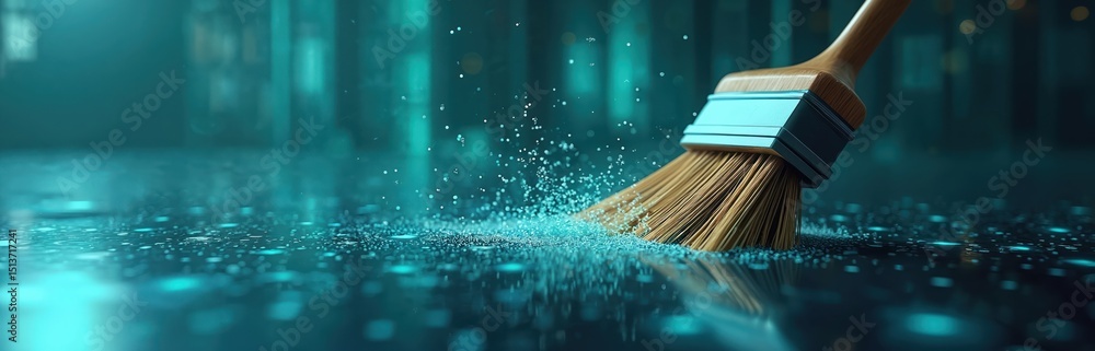 Aufkleber Close-up illustration shows broom sweeping digital data in high-tech environment. Concept data cleanup digital hygiene cybersecurity software maintenance. Clean network protect information from