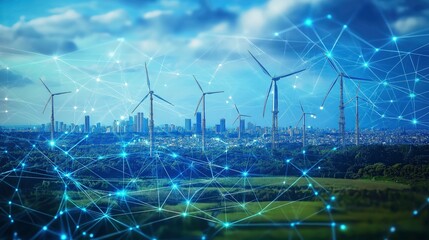 A city skyline with wind turbines and a digital network overlay, symbolizing smart technology and renewable energy integration.