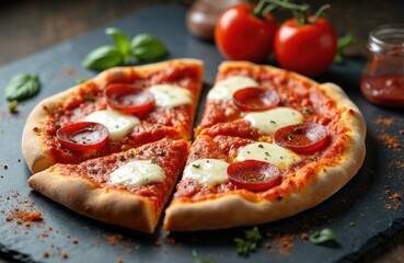 Close-up of delicious pizza with pepperoni, mozzarella cheese, tomato sauce. Traditional Italian pizza on dark background. Tasty snack, fast food for lunch, dinner. Sliced pizza, ready to eat.