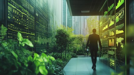 A businessman walks through a modern, green office with digital data displays and city views, blending technology and nature.