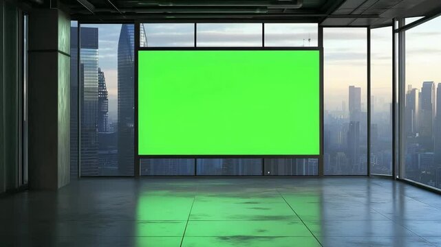 An empty office features a large green screen and expansive windows showcasing a city skyline at dawn