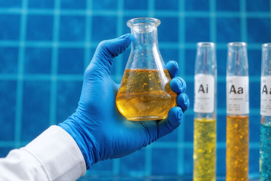 hand holding a beaker filled with liquid in front of a periodic table