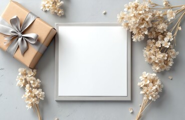 Top view blank square card mockup, gift box decorated dry flowers on gray table. Wedding, invitation, greeting card design template. Minimalist stylish layout with copy space.